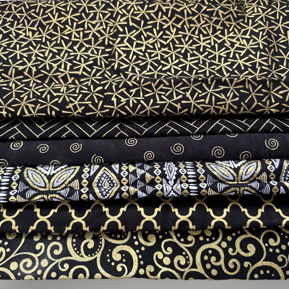 Black & Gold Fabric Lot Quilting Crafts Sewing Art Cotton Prints 6 Piece